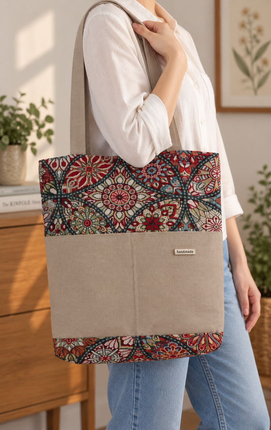 Heritage Mosaic Tote Bag | Handmade Tapestry & Canvas Bag